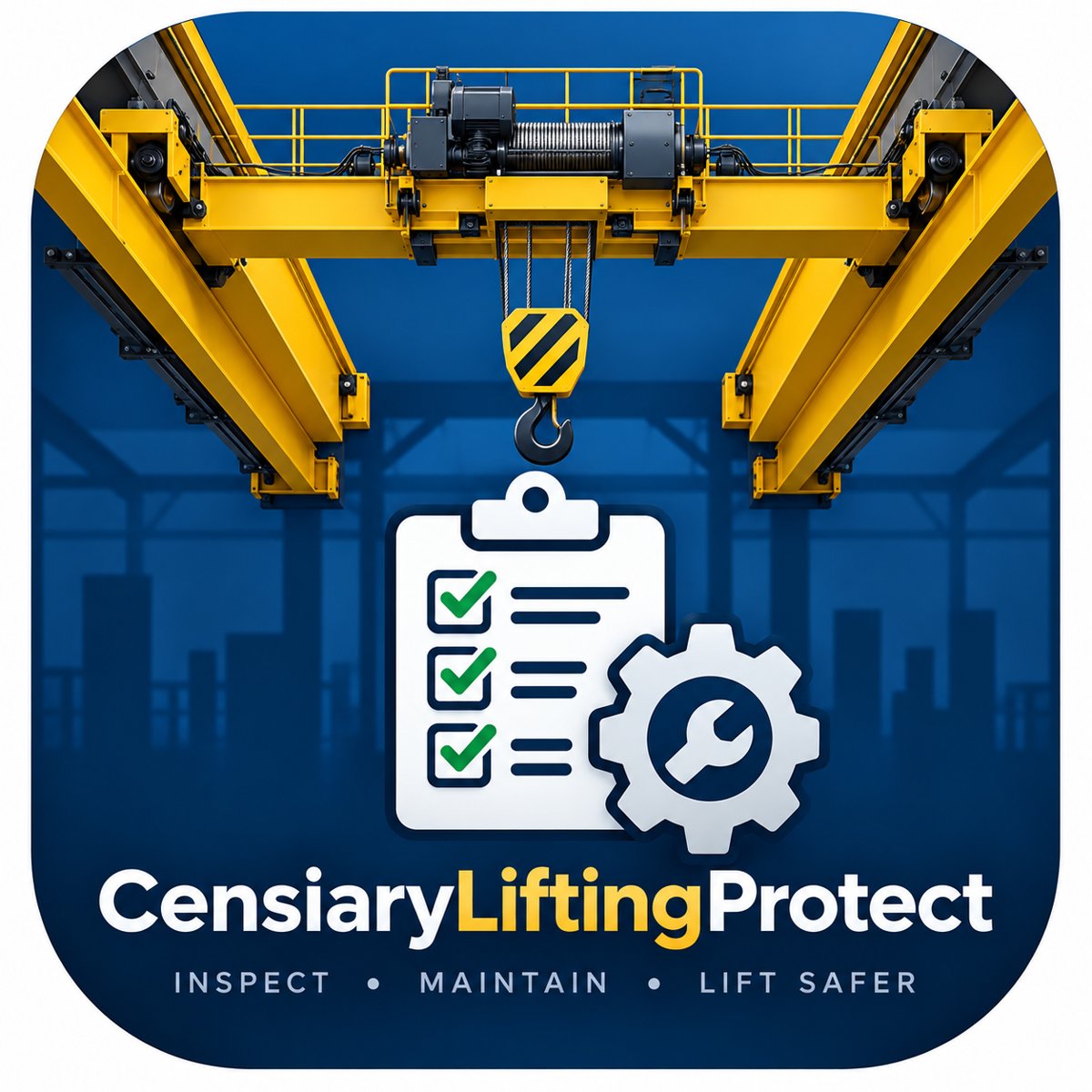 Censiary Lifting Protect app artwork showing an overhead crane